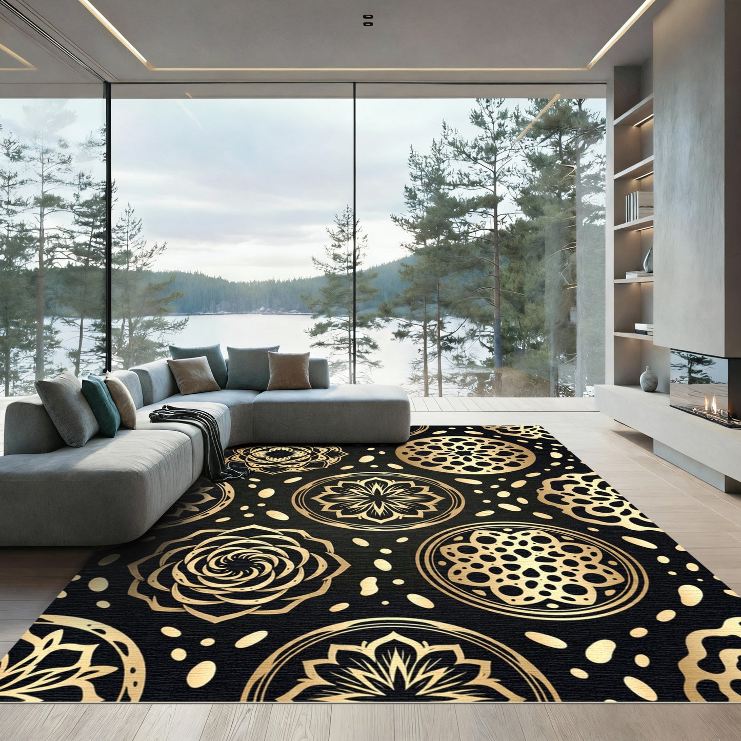 Gold Medallion Black Mandala Rug