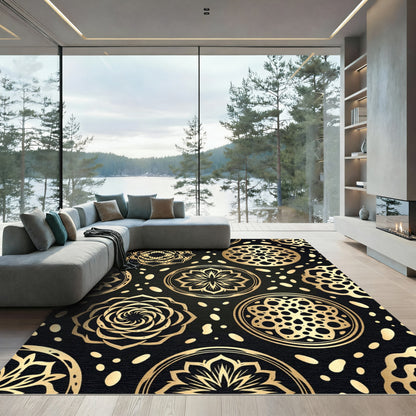 Gold Medallion Black Mandala Rug