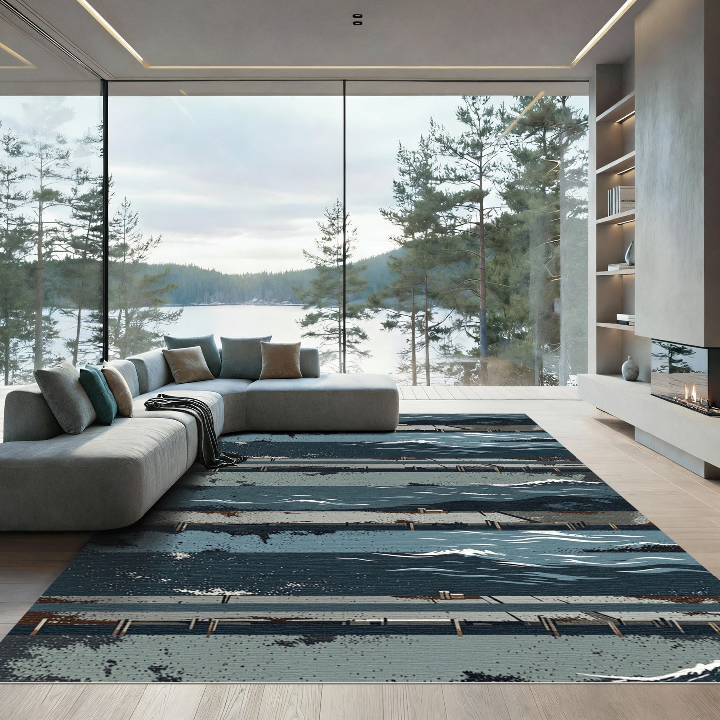 Abstract Coastal Wave Blue Striped Art Rug