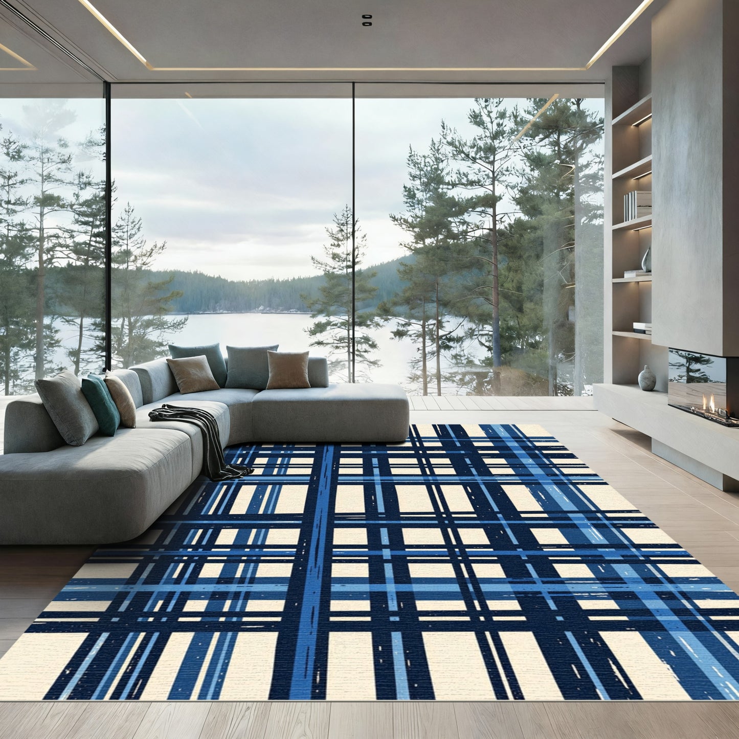 Navy Blue Plaid Brush Stroke Rug