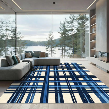 Navy Blue Plaid Brush Stroke Rug