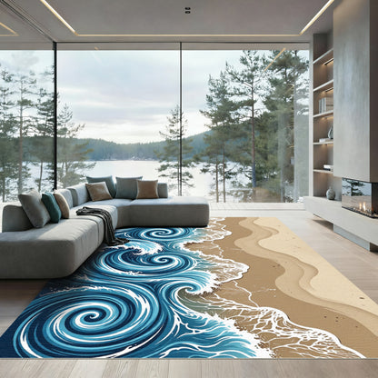 Coastal Blue Swirling Ocean Wave Rug