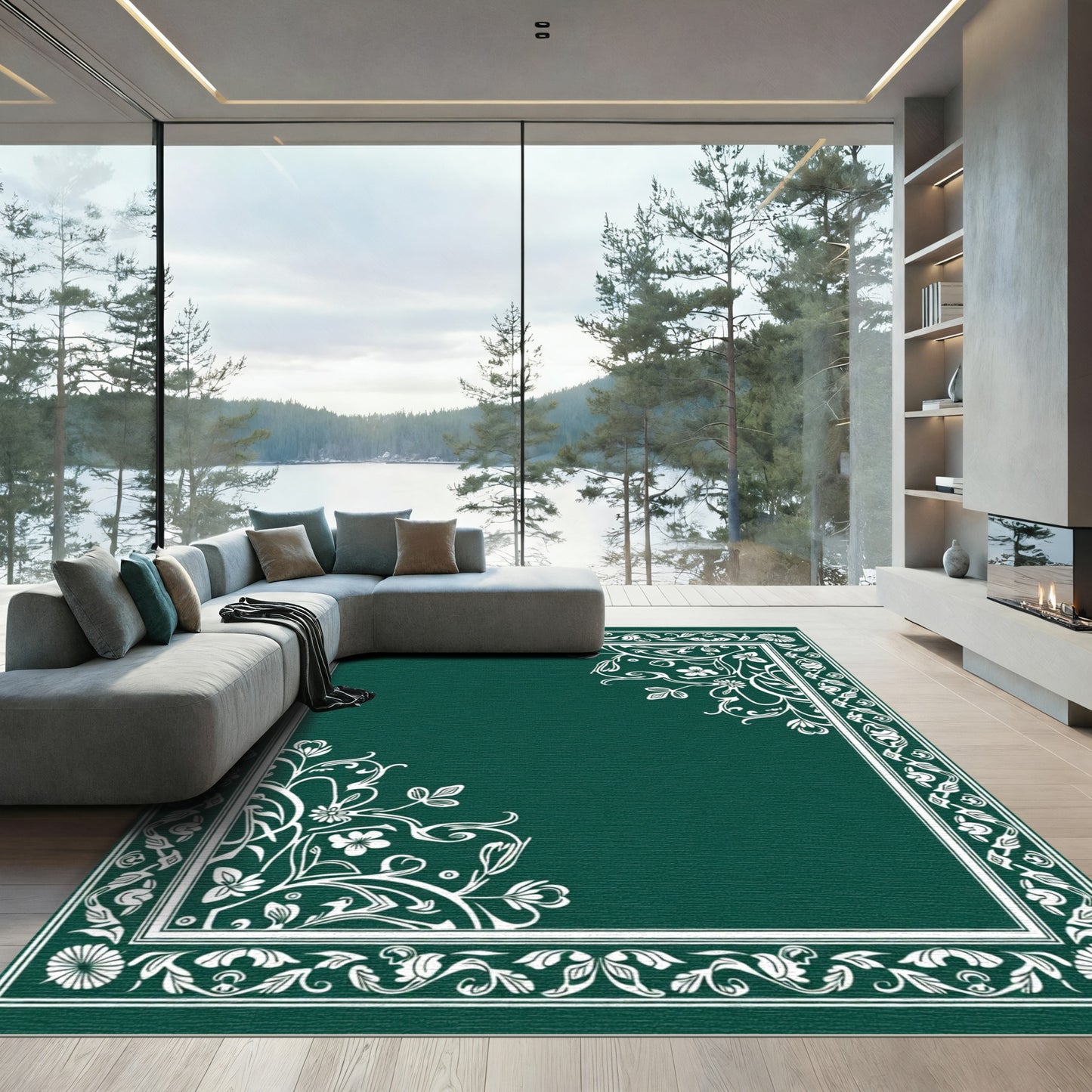 Deep Green White Floral Border Rug