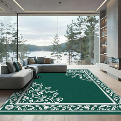 Deep Green White Floral Border Rug