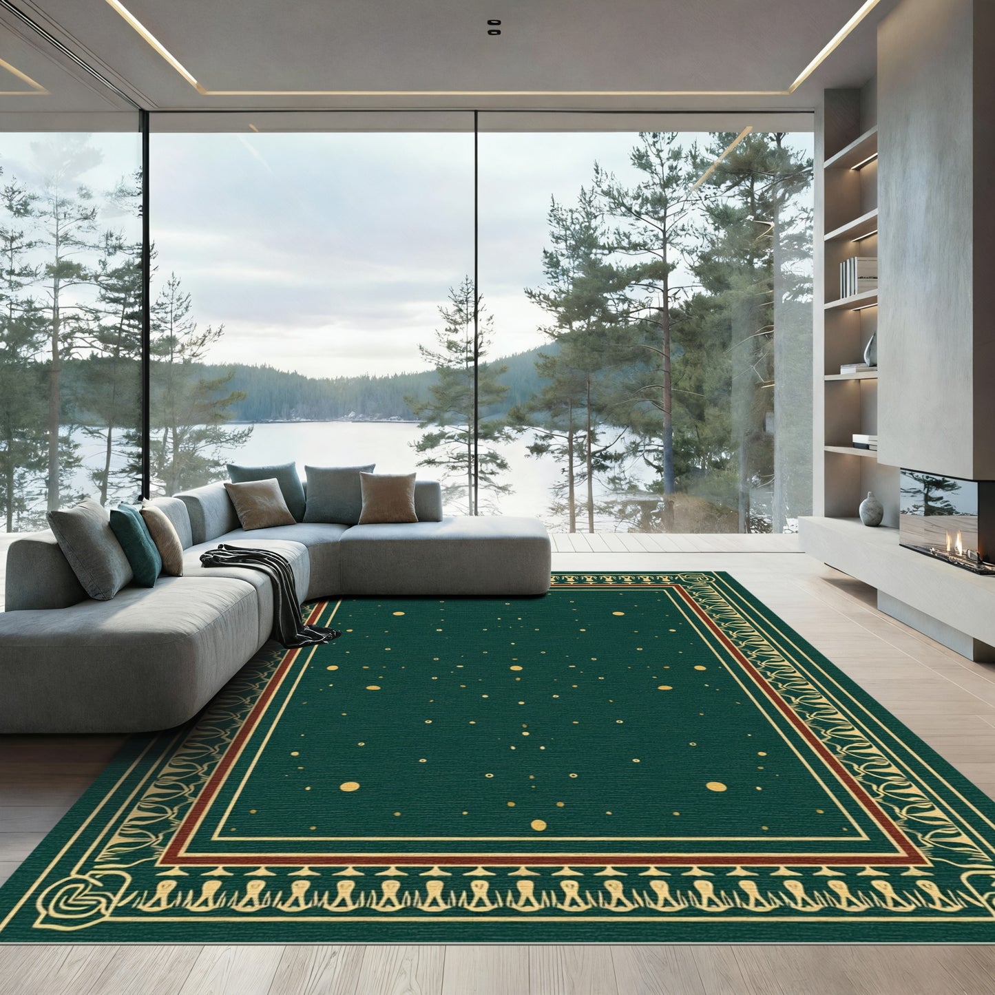 Emerald Gold Scattered Dots Border Rug