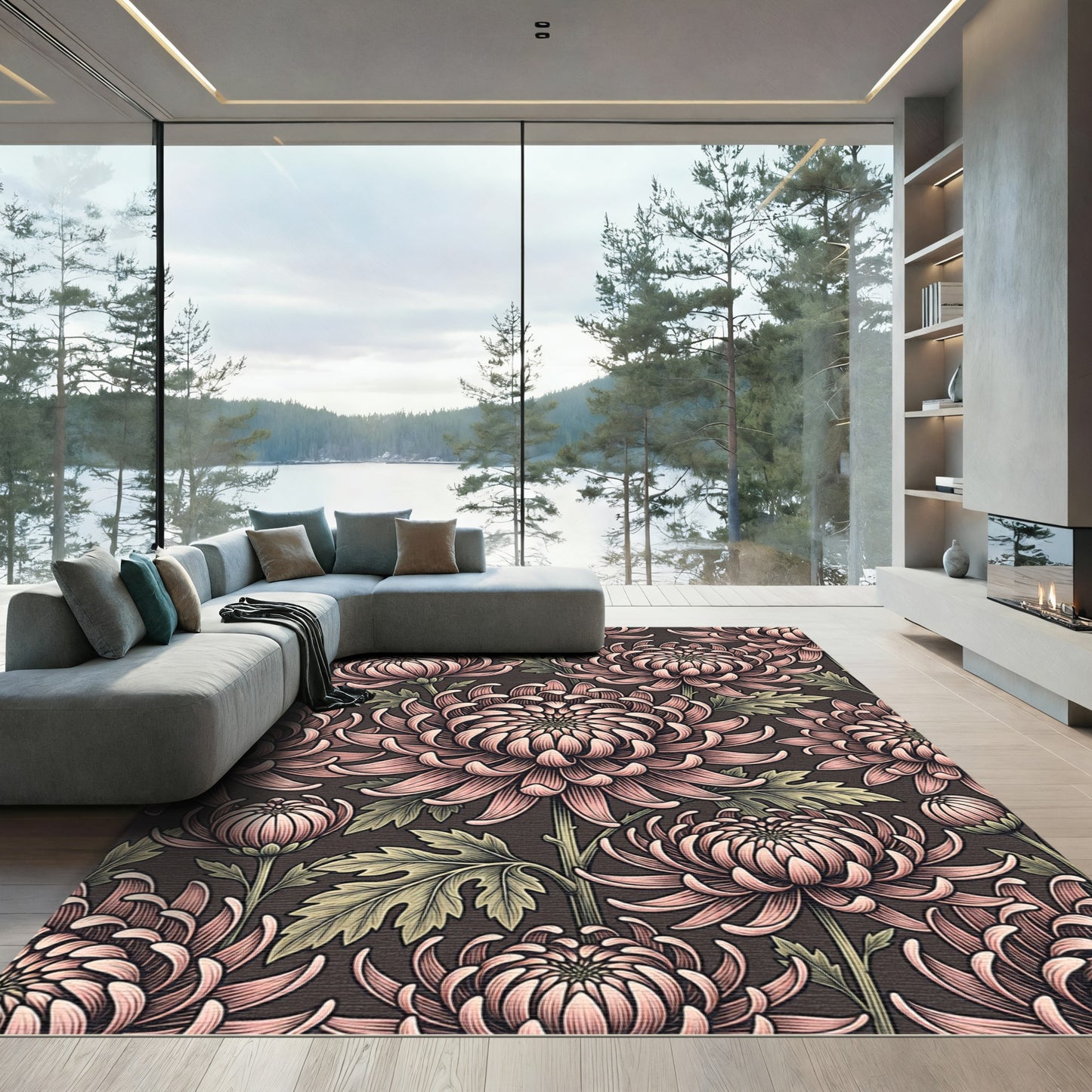 Pink Chrysanthemum Floral Artwork Rug