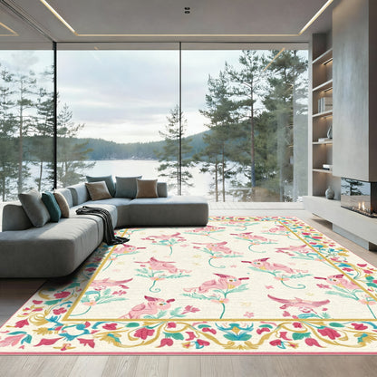 Pink Whimsical Bird Garden Scroll Rug
