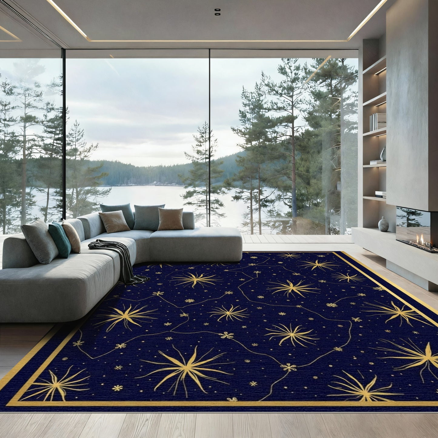 Golden Starburst Celestial Navy Rug