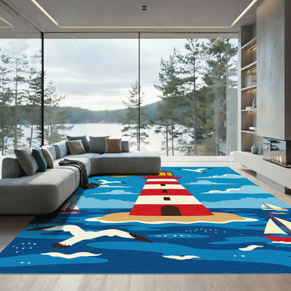 Striped Lighthouse Sailboats Seagulls Seascape Rug