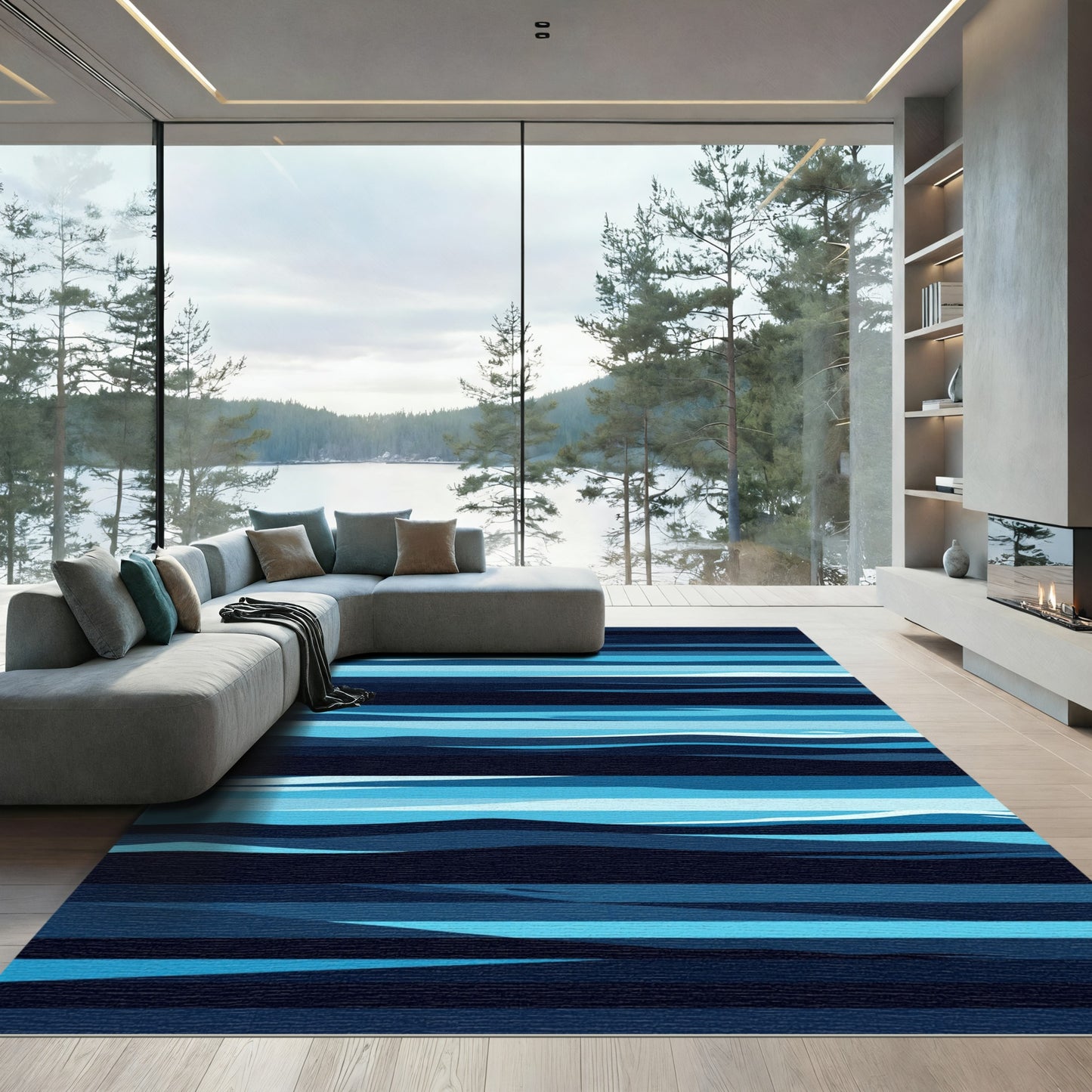 Contemporary Deep Blue Horizontal Wavy Stripe Rug