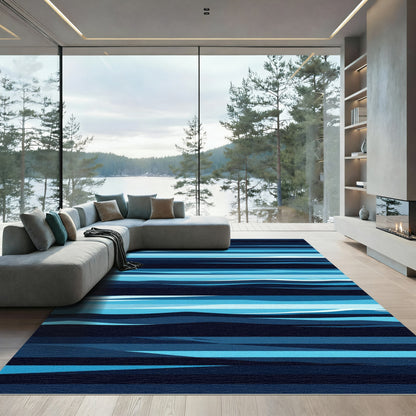 Contemporary Deep Blue Horizontal Wavy Stripe Rug