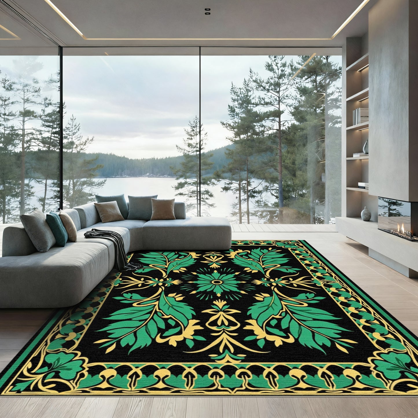 Emerald Golden Art Nouveau Foliage Rug
