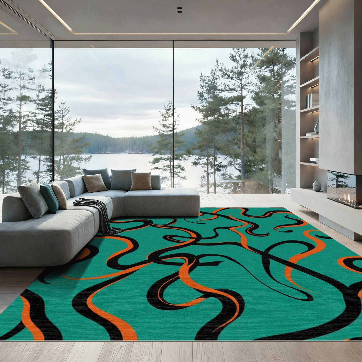 Teal Orange Black Swirling Lines Rug