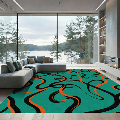 Teal Orange Black Swirling Lines Rug