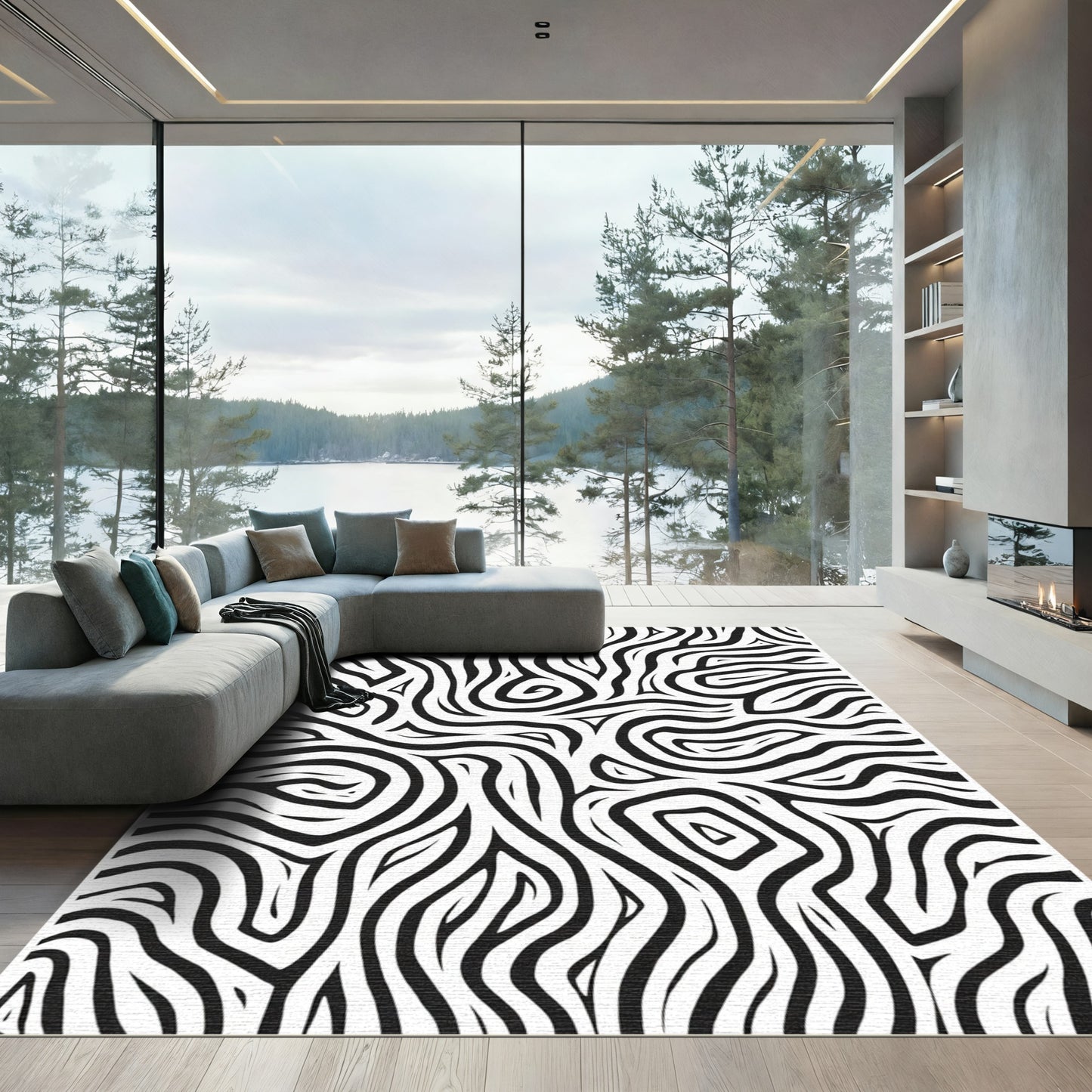 Monochrome Black White Organic Swirl Rug