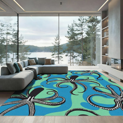 Black Octopus Blue Green Swirl Rug