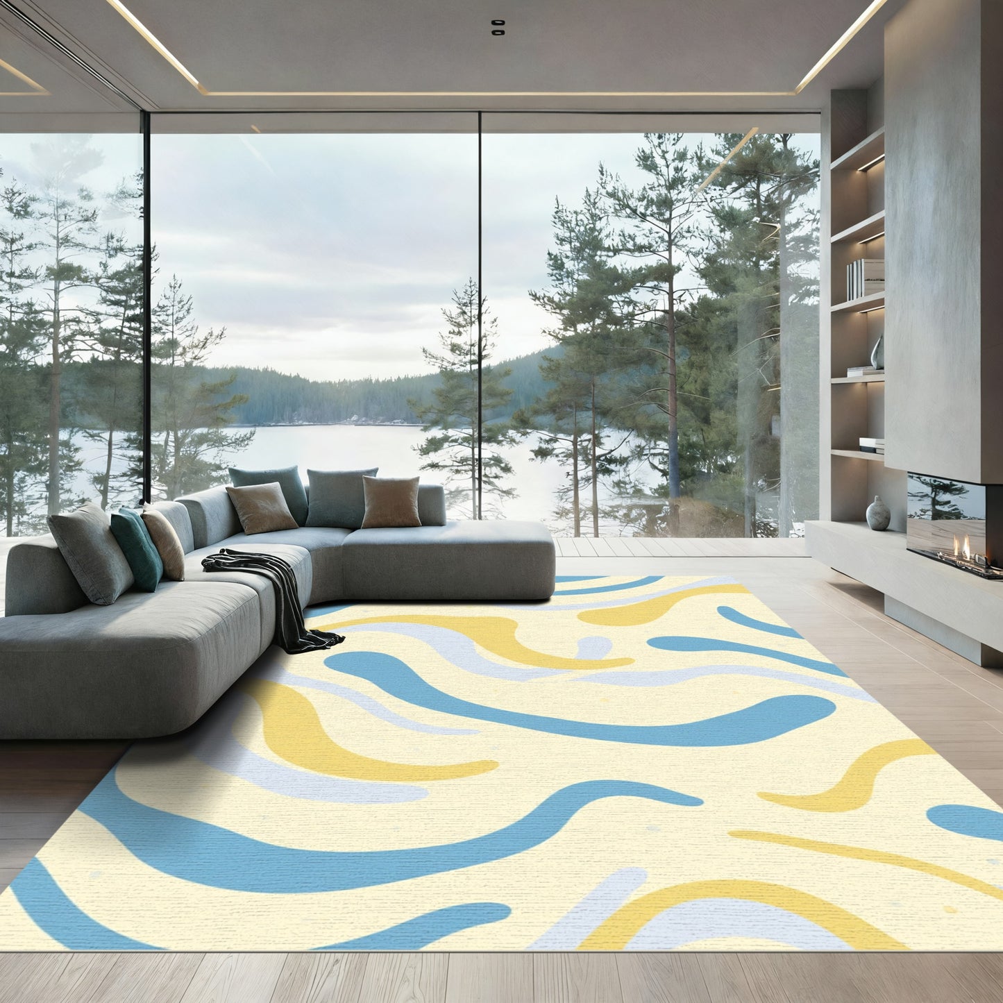 Soft Yellow Blue Wave Swirl Rug