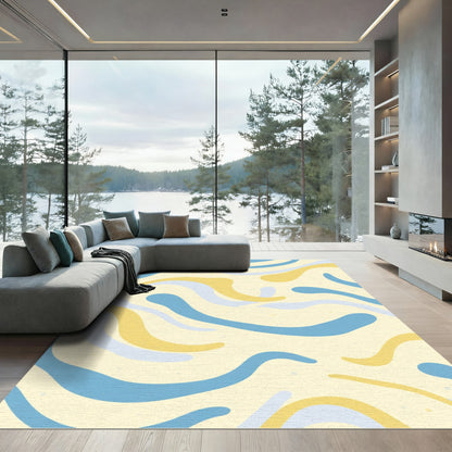 Soft Yellow Blue Wave Swirl Rug