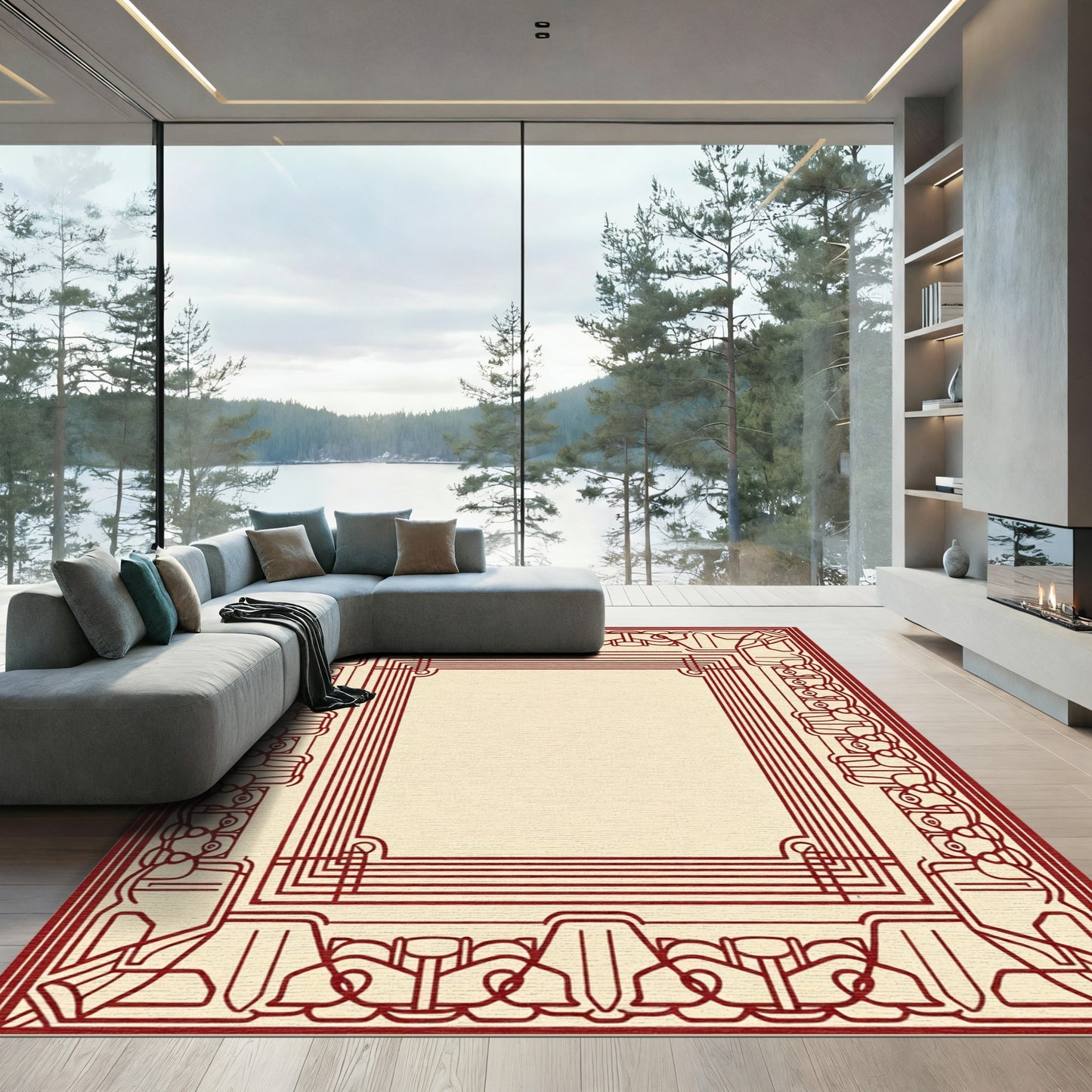 Regal Crimson Geometric Border Rug