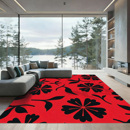 Bold Black Floral Red Background Rug