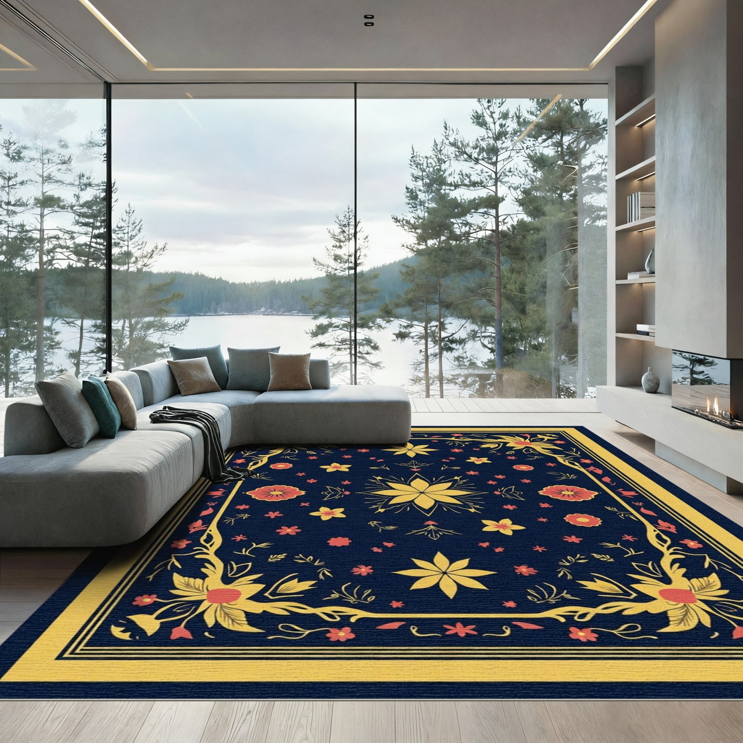 Dark Blue Golden Floral Garland Rug