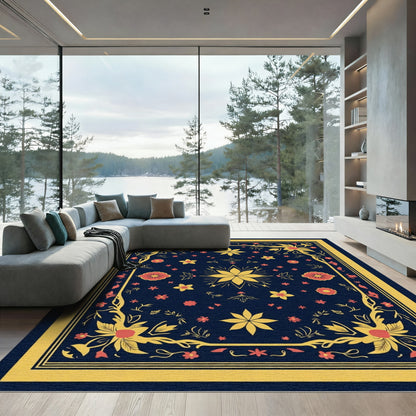 Dark Blue Golden Floral Garland Rug