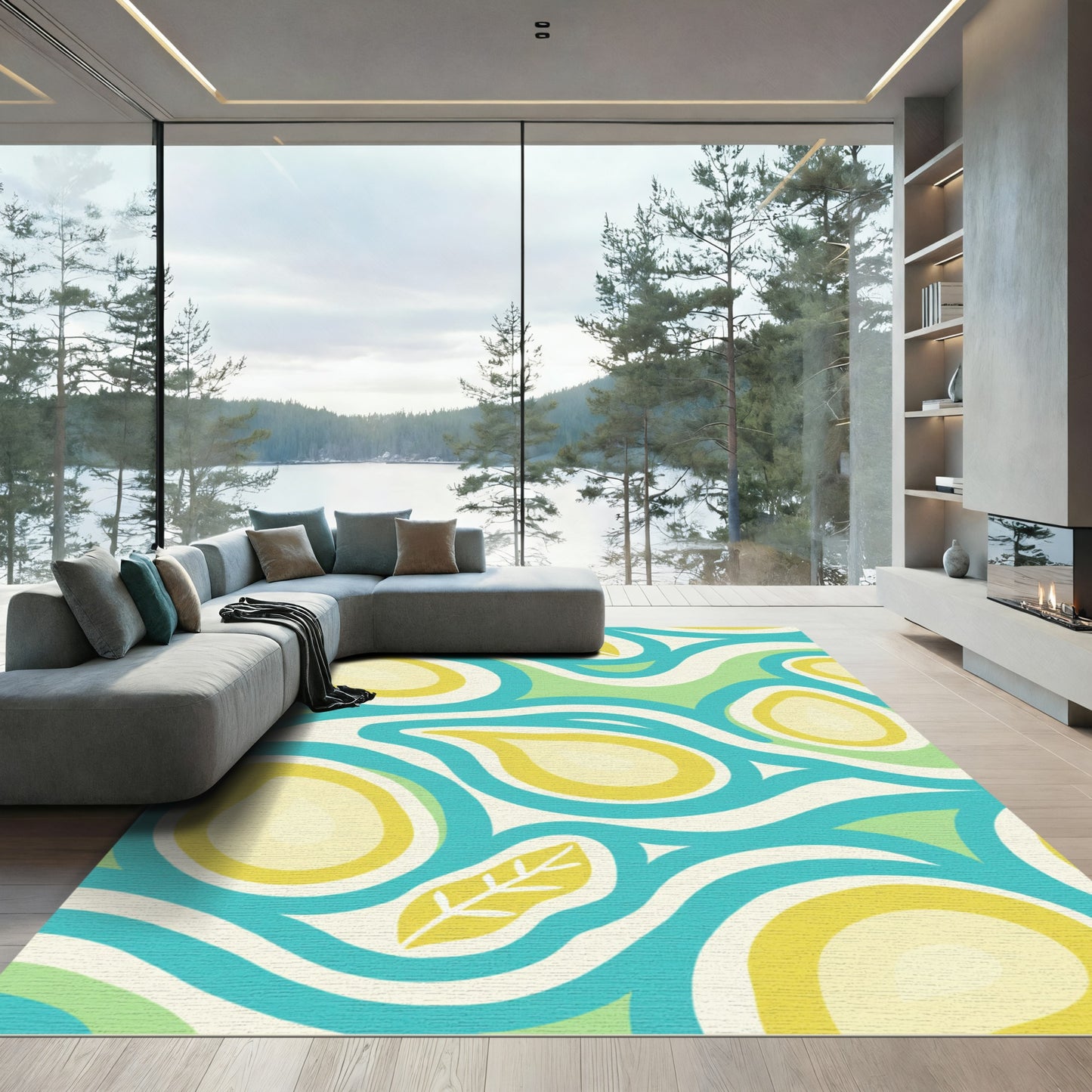 Retro Teal Yellow Leaf Swirl Rug