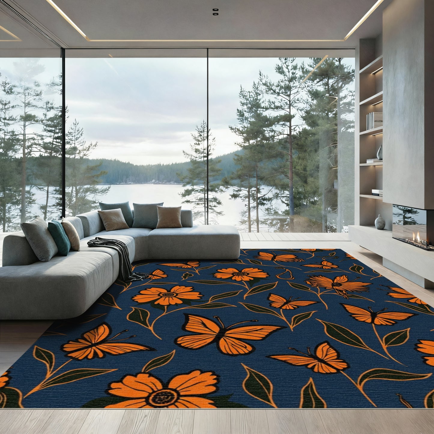 Vibrant Orange Butterflies Floral Navy Surface Rug