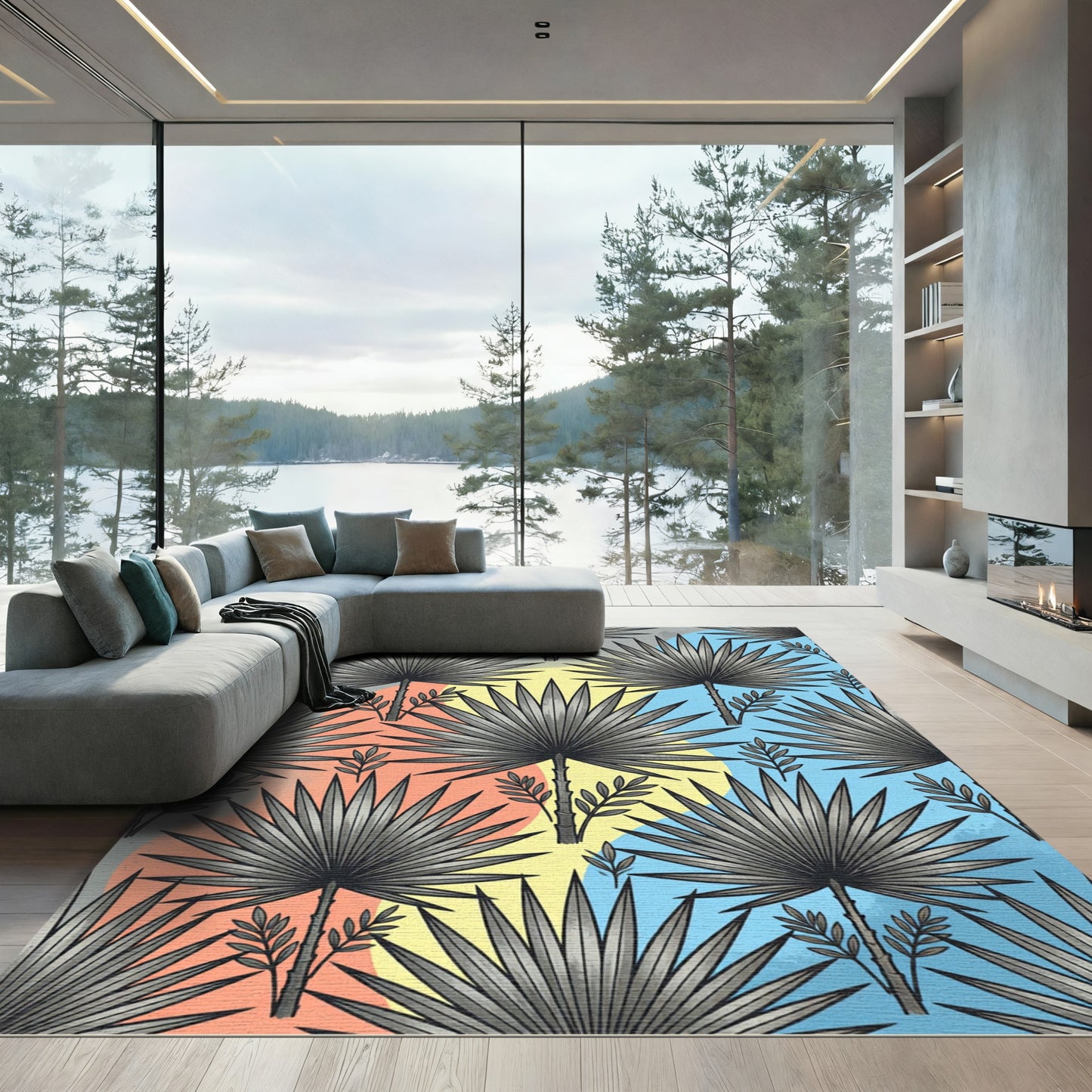 Modern Tropical Gray Palm Leaf Art Rug