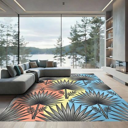 Modern Tropical Gray Palm Leaf Art Rug