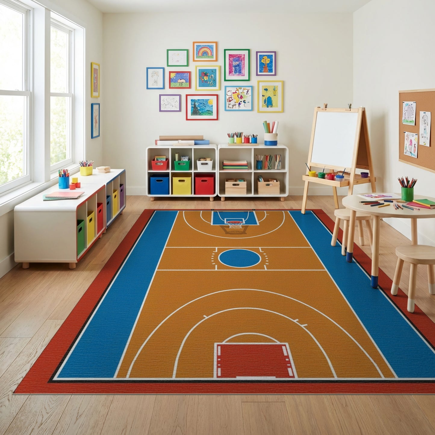 Bold Tan Blue Basketball Court Rug