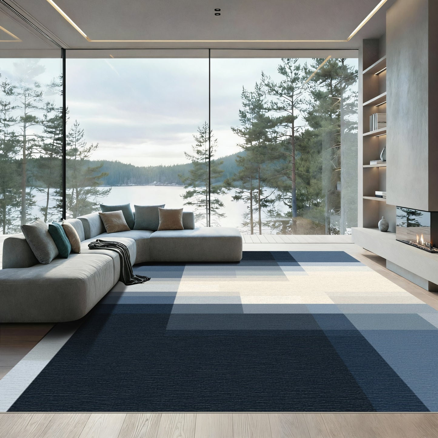 Deep Blue Gradient Geometric Blocks Rug