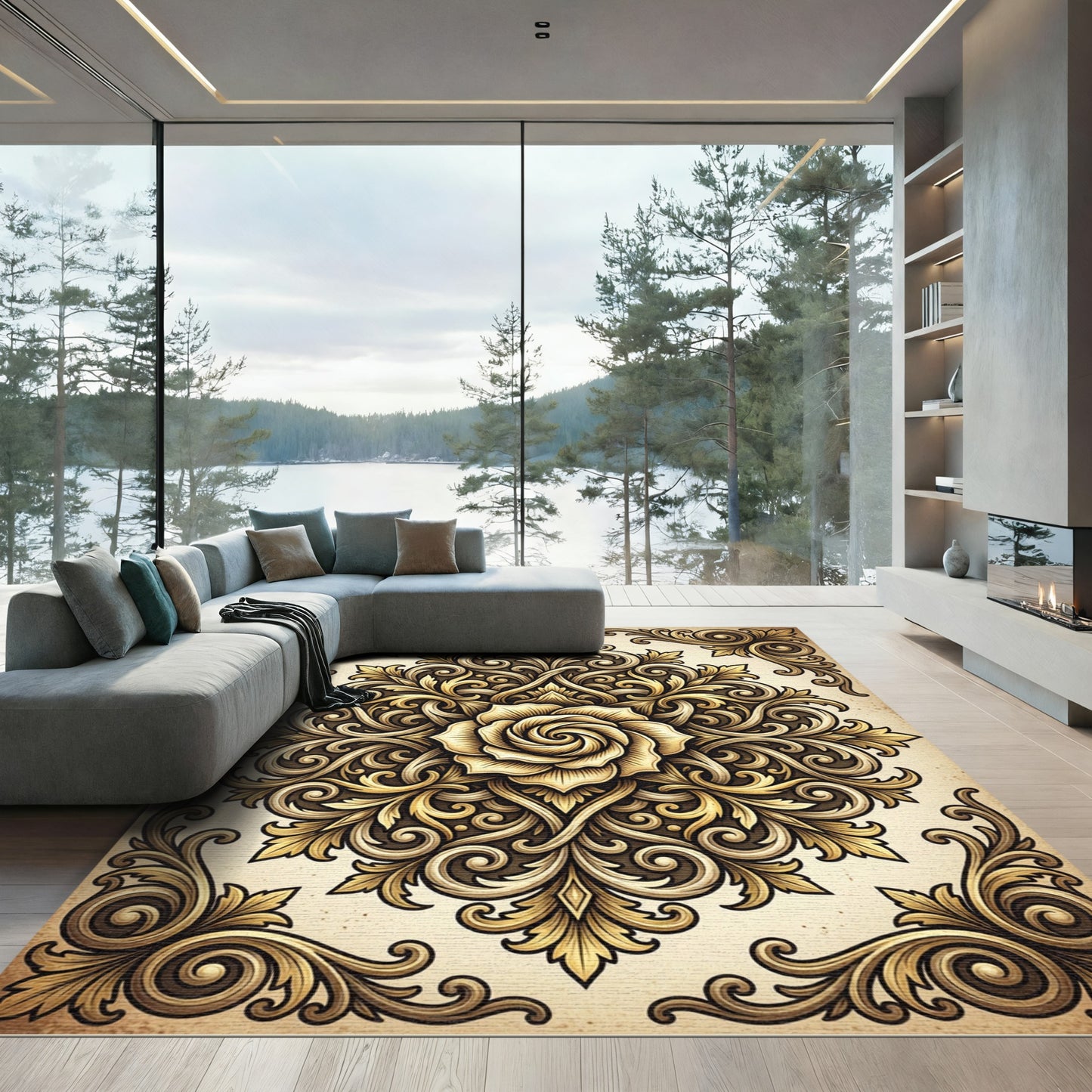 Intricate Golden Rose Ornamental Scrollwork Rug