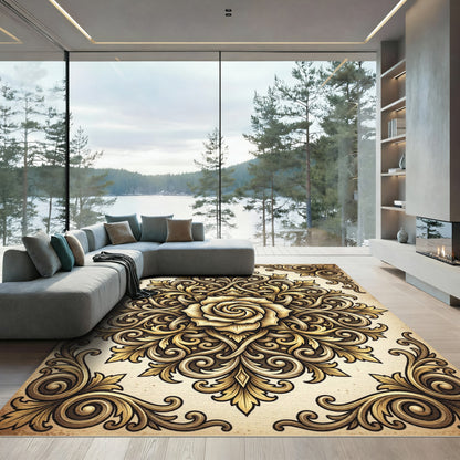 Intricate Golden Rose Ornamental Scrollwork Rug