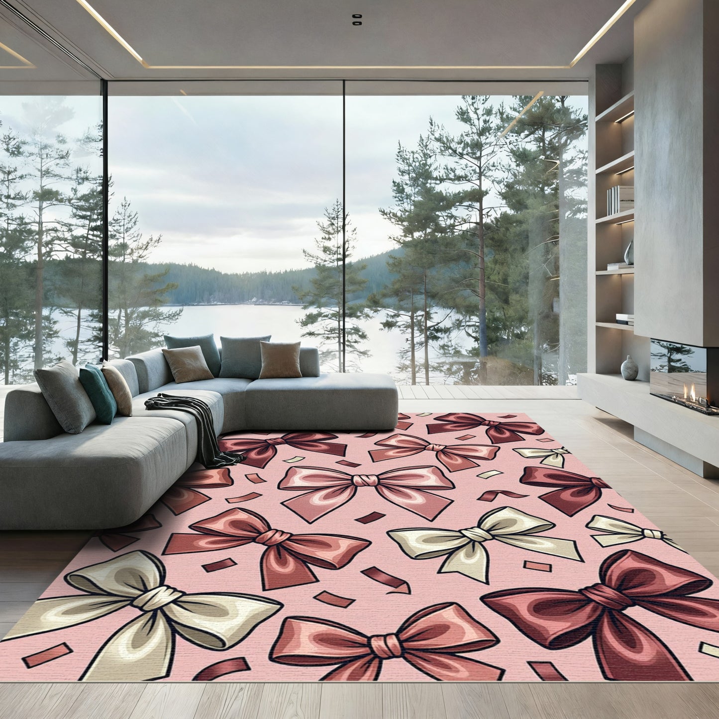 Elegant Blush Satin Ribbon Bows Rug