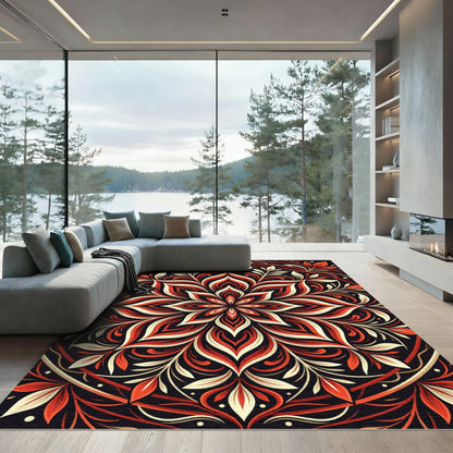 Crimson Cream Floral Mandala Art Rug