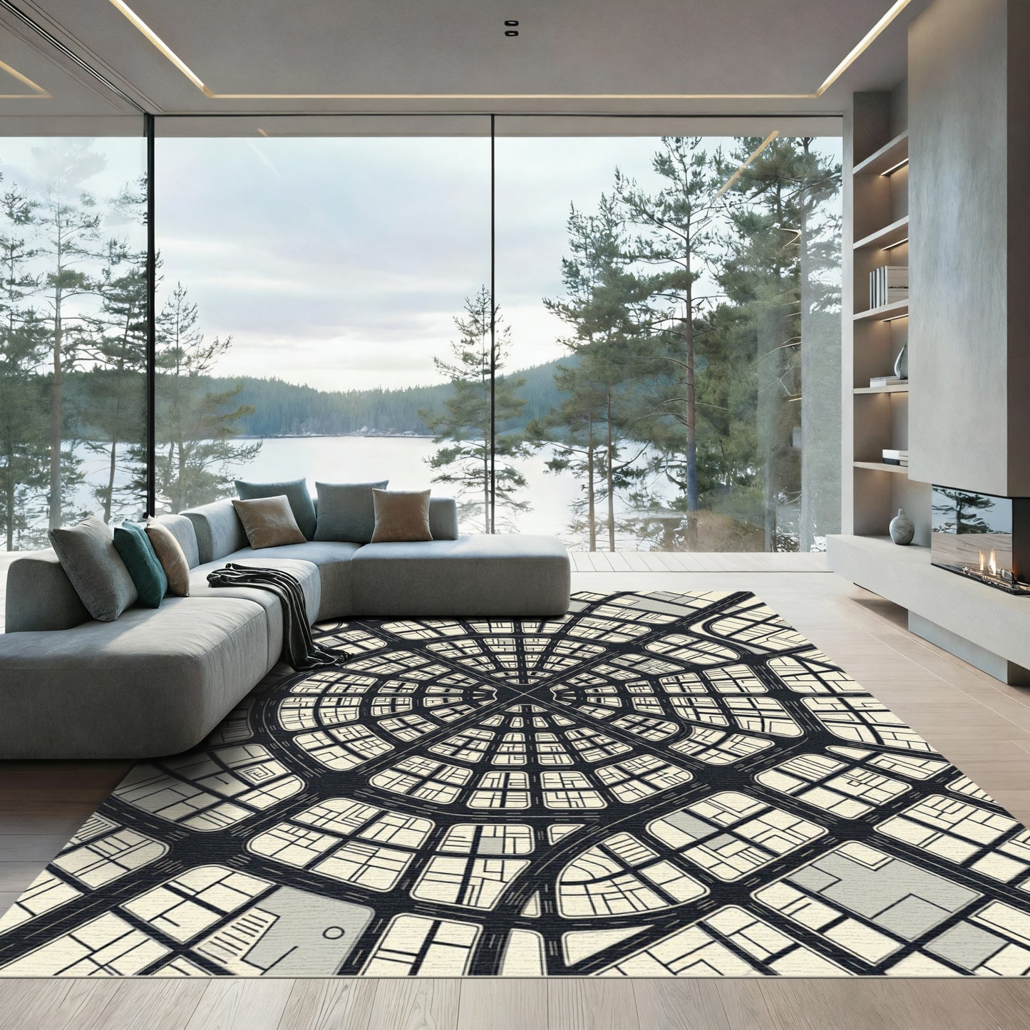 Modern Circular Monochrome Geometric City Map Rug