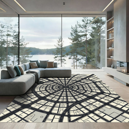 Modern Circular Monochrome Geometric City Map Rug