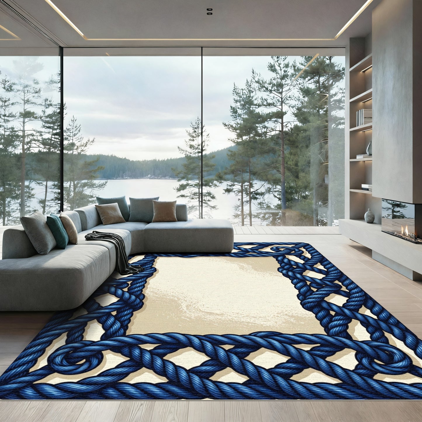 Intricate Blue Braided Rope Border Rug