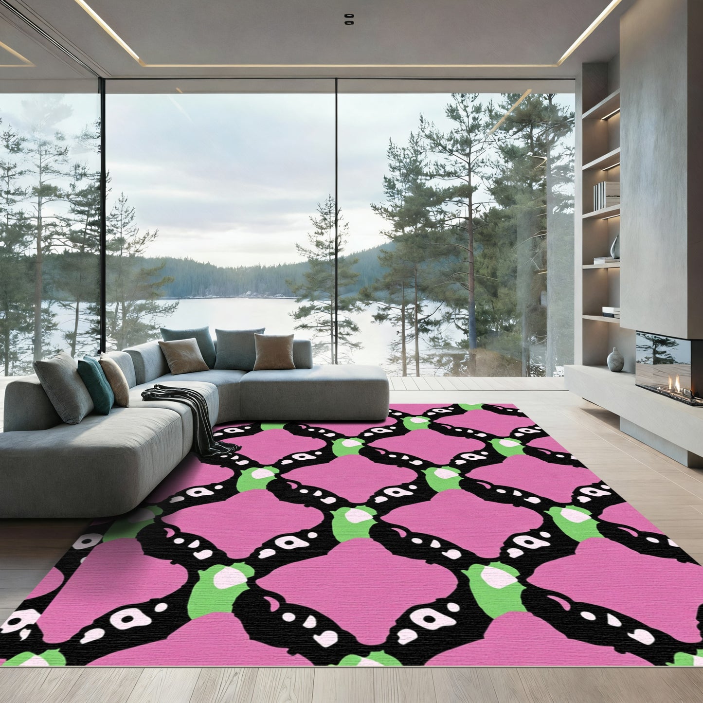 Pink Black Green Diamond Lattice Rug