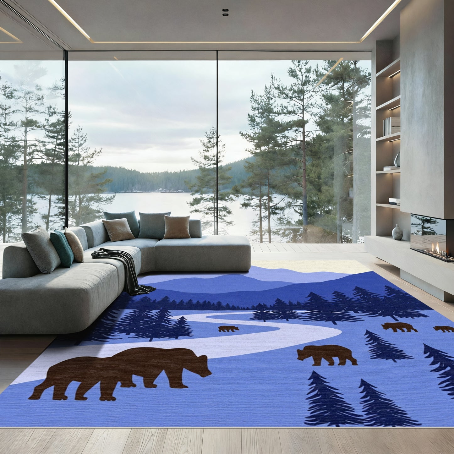 Deep Blue Mountain Bear Forest Scene Rug