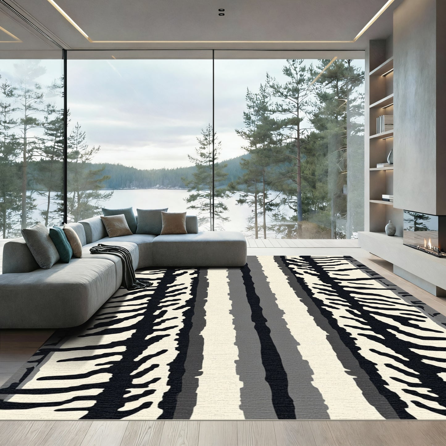 Bold Black Gray Creme Striped Rug