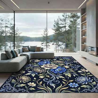 Rich Blue Floral Chinoiserie Foliage Rug