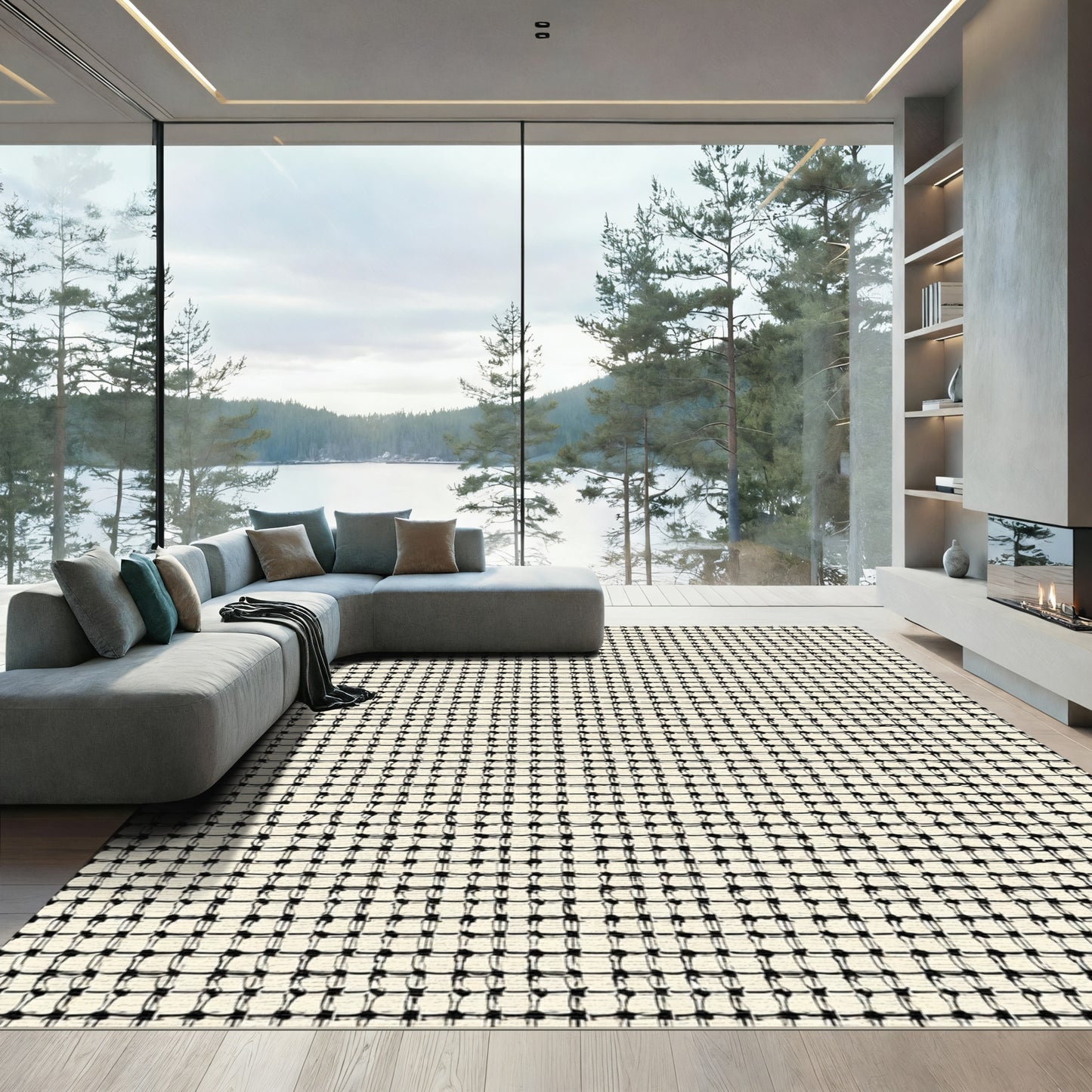Cream Black Grid Texture Rug