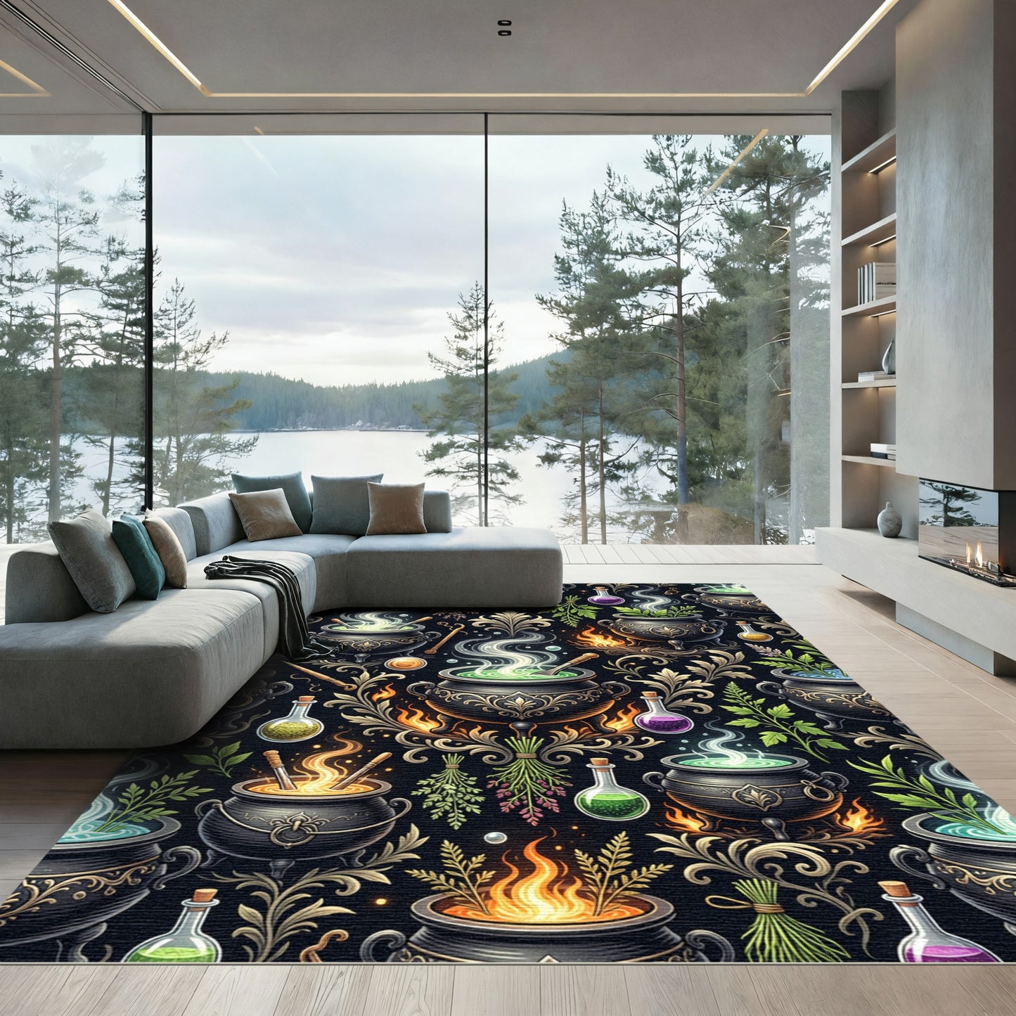 Mystical Cauldron Witchcraft Floral Black Tapestry Rug