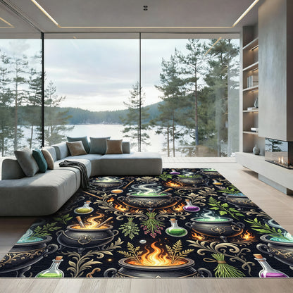 Mystical Cauldron Witchcraft Floral Black Tapestry Rug