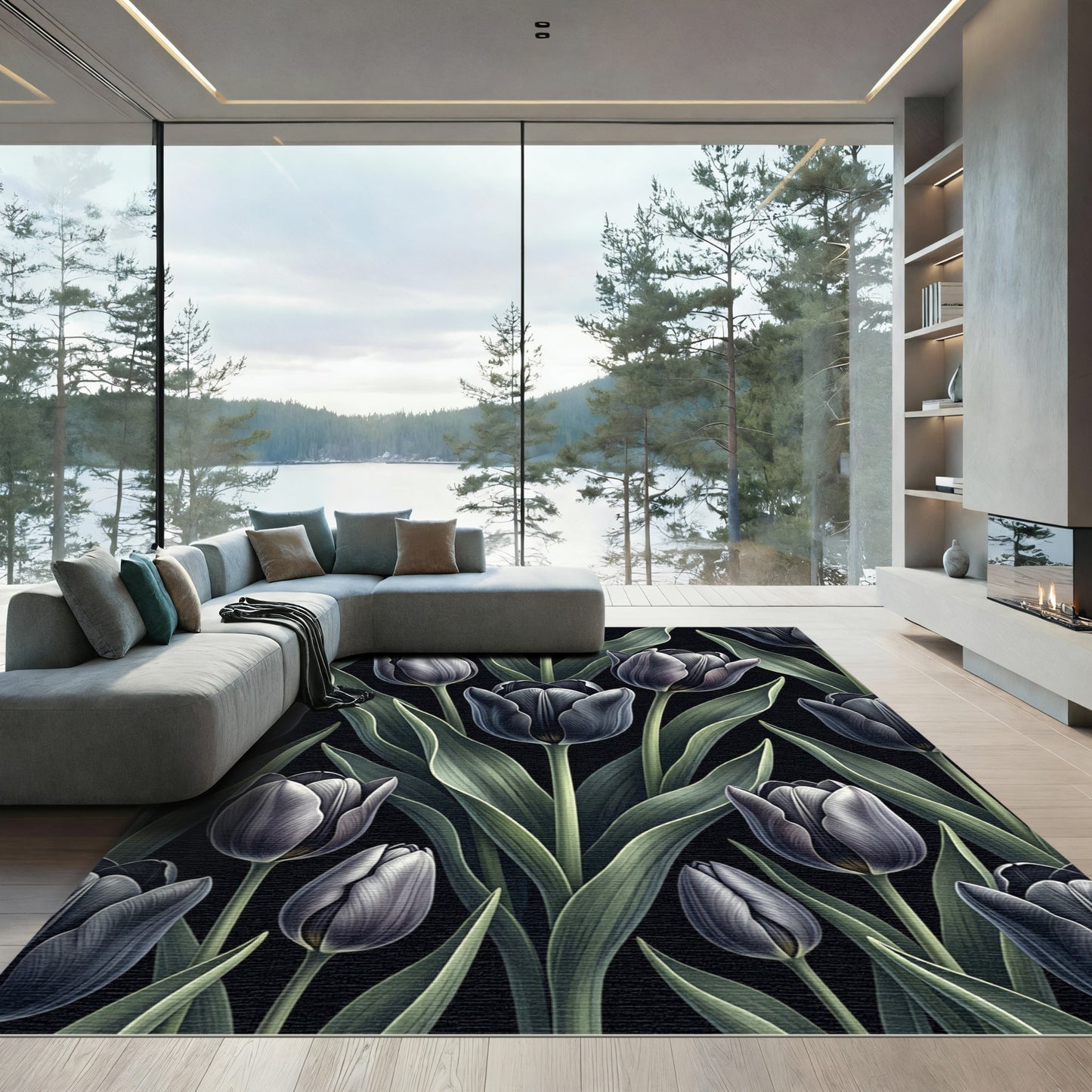 Dark Charcoal Tulip Botanical Arrangement Rug