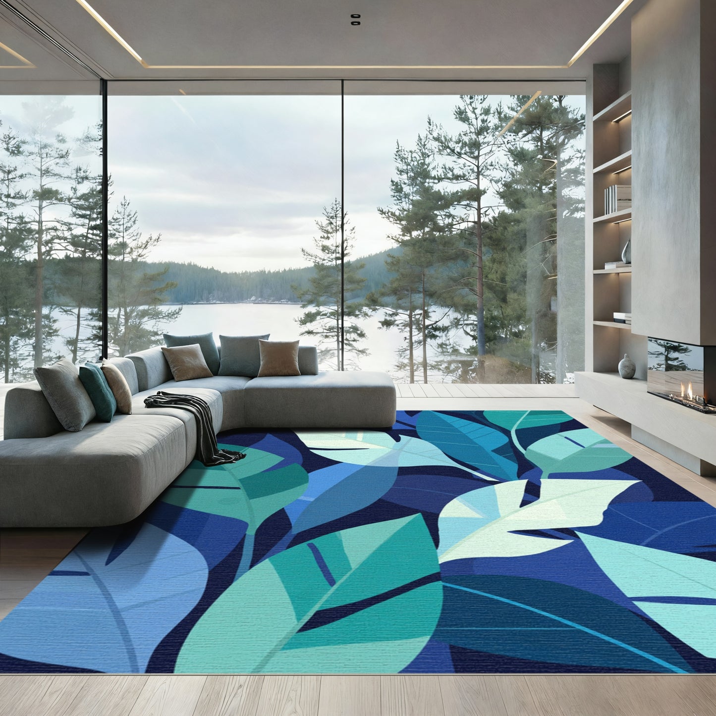 Deep Blue Tropical Leaves Rug