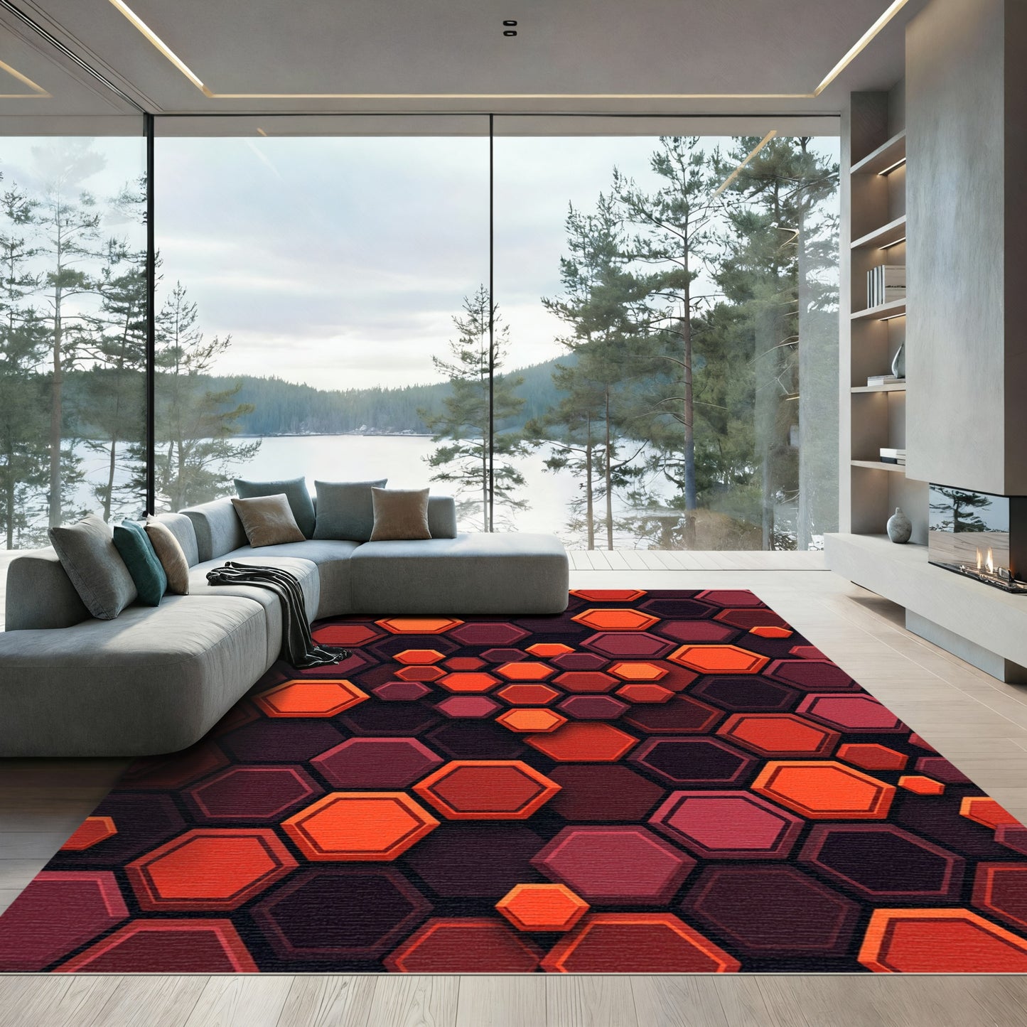 Crimson Orange Hexagon Tessellation Rug