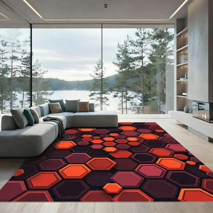 Crimson Orange Hexagon Tessellation Rug
